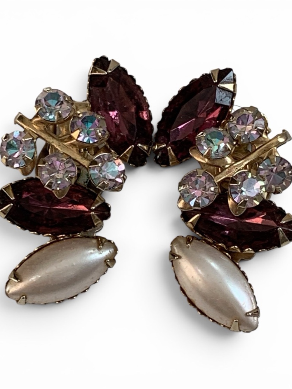 Vintage Juliana Style Amethyst Aurora Borealis Rhinestone Clip Ons